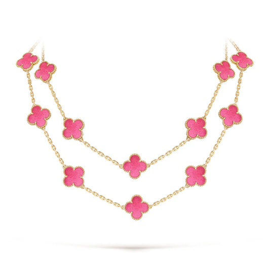 [⭐Hildren Jewelry]NEW CLOVER 20 MOTIFS PINK ENAMEL NECKLACE