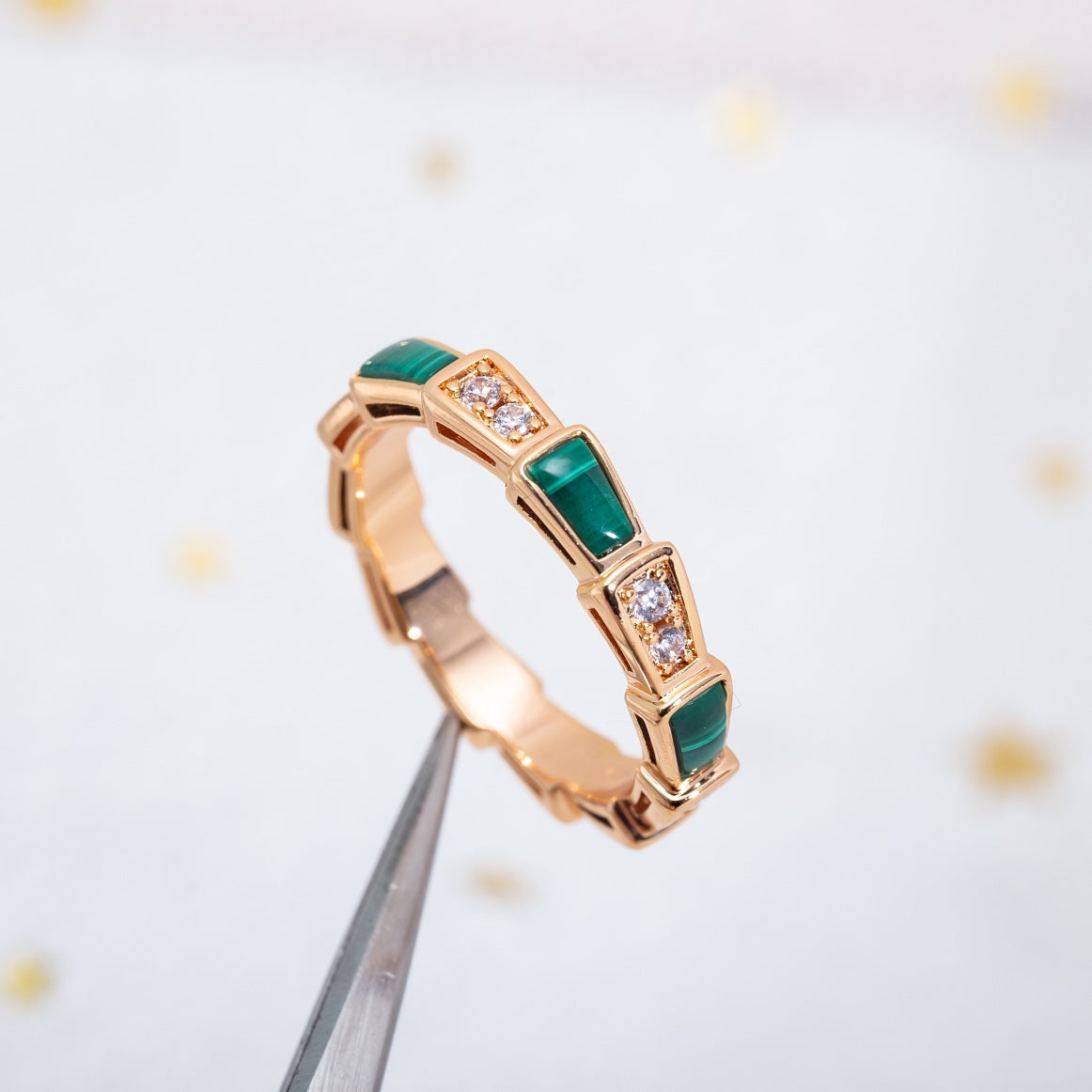 [⭐Hildren Jewelry]SERPENTI RING PINK GOLD MALACHITE DIAMOND 3MM