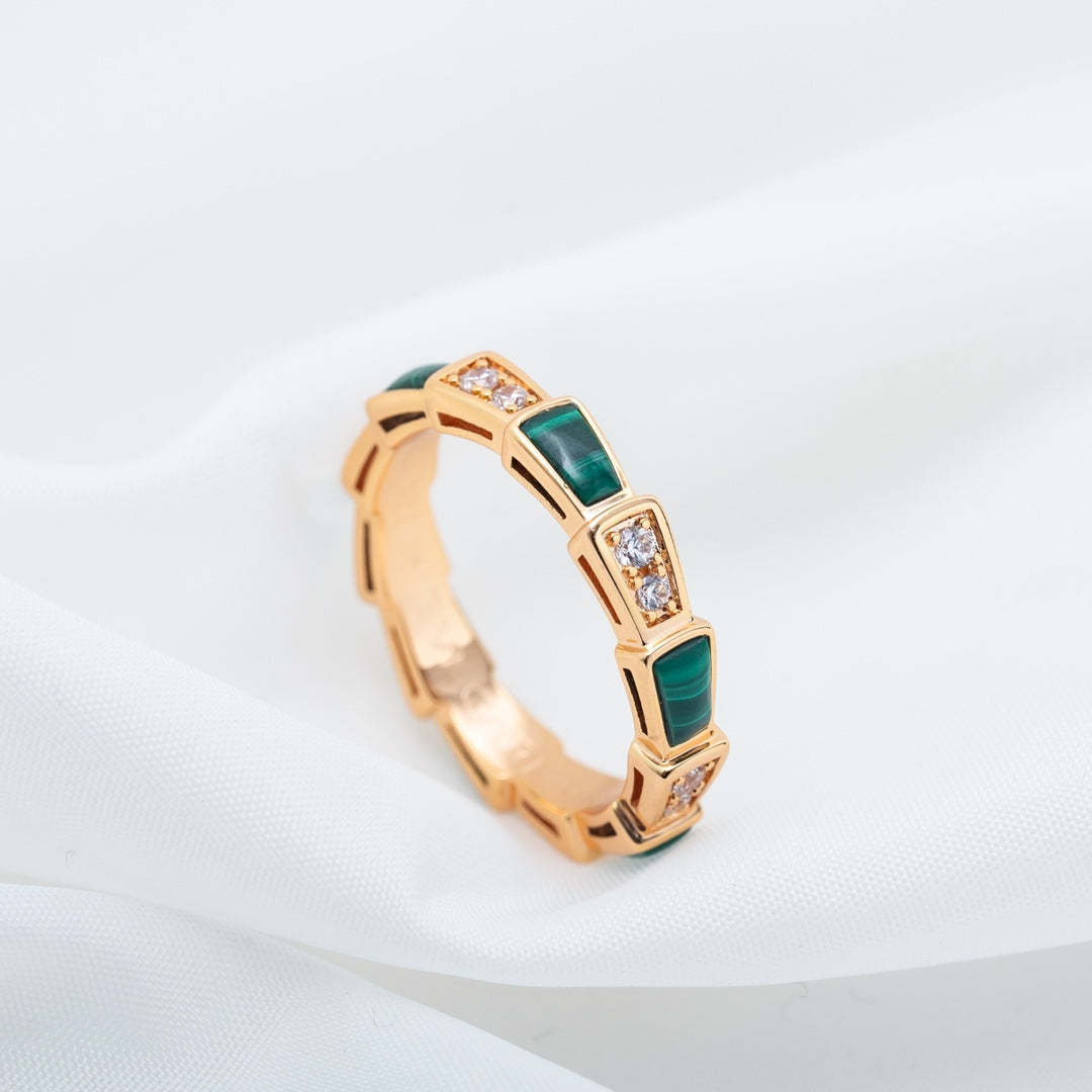[⭐Hildren Jewelry]SERPENTI RING PINK GOLD MALACHITE DIAMOND 3MM