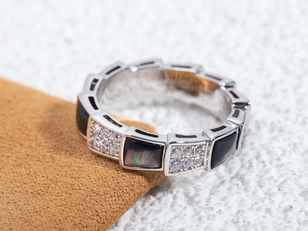 [⭐Hildren Jewelry]SERPENTI RING SILVER DIAMOND BLACK MOP 4MM