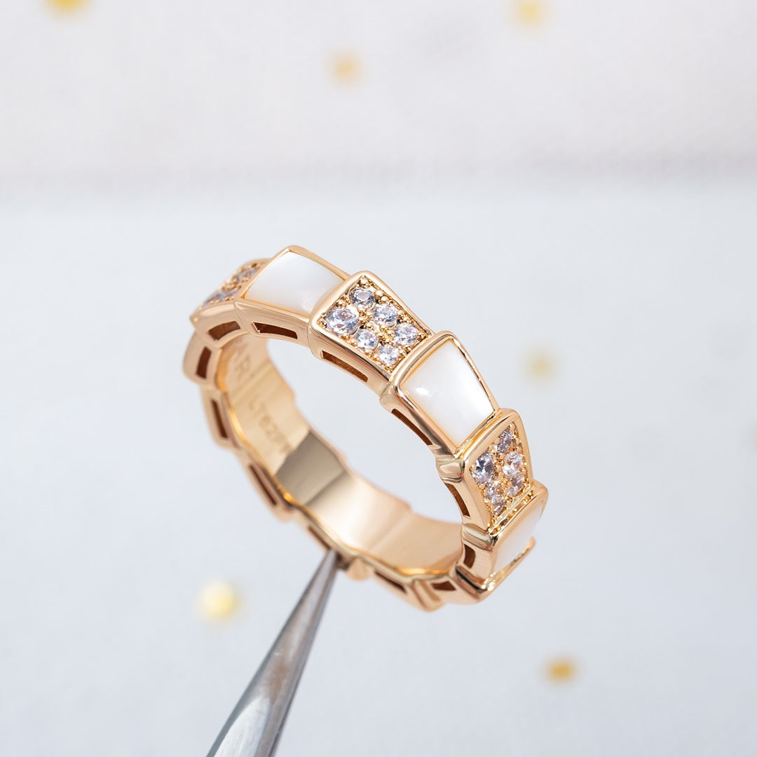 [⭐Hildren Jewelry]SERPENTI RING PINK GOLD MOP DIAMOND PAVED 4MM