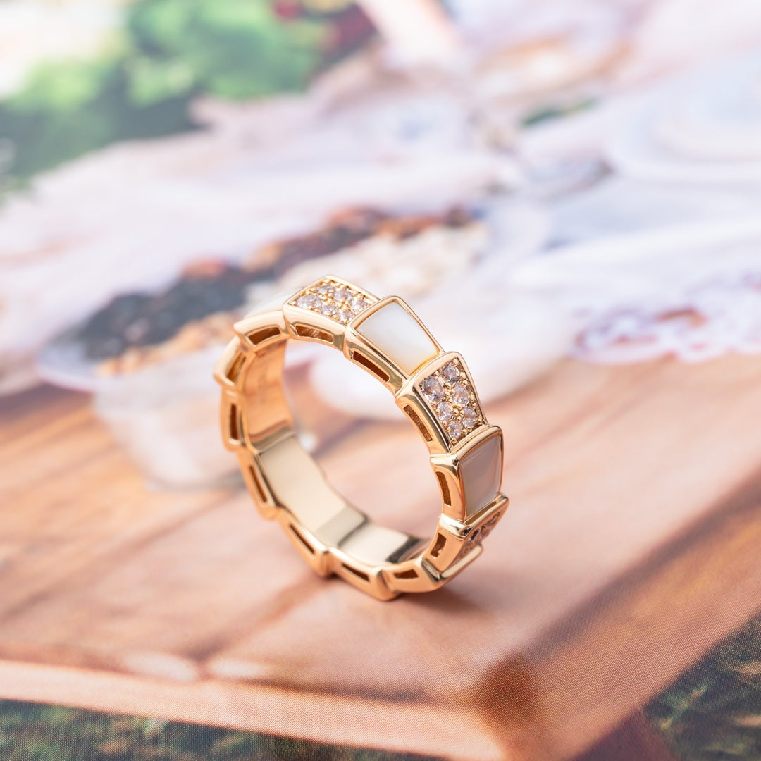 [⭐Hildren Jewelry]SERPENTI RING PINK GOLD MOP DIAMOND PAVED 4MM