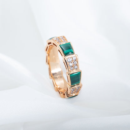 [⭐Hildren Jewelry]SERPENTI RING PINK GOLD MALACHITE DIAMOND PAVED 4MM