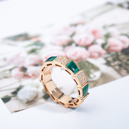 [⭐Hildren Jewelry]SERPENTI RING PINK GOLD MALACHITE DIAMOND PAVED 4MM
