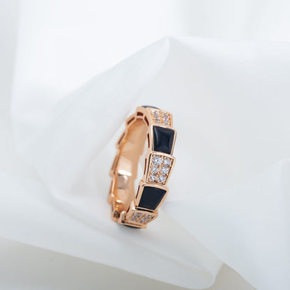 [⭐Hildren Jewelry]SERPENTI RING PINK GOLD BLACK MOP DIAMOND PAVED 4MM