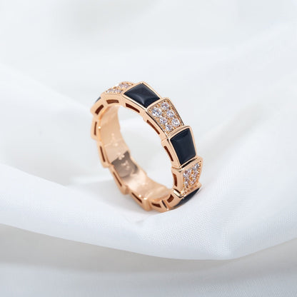 [⭐Hildren Jewelry]SERPENTI RING PINK GOLD BLACK MOP DIAMOND PAVED 4MM