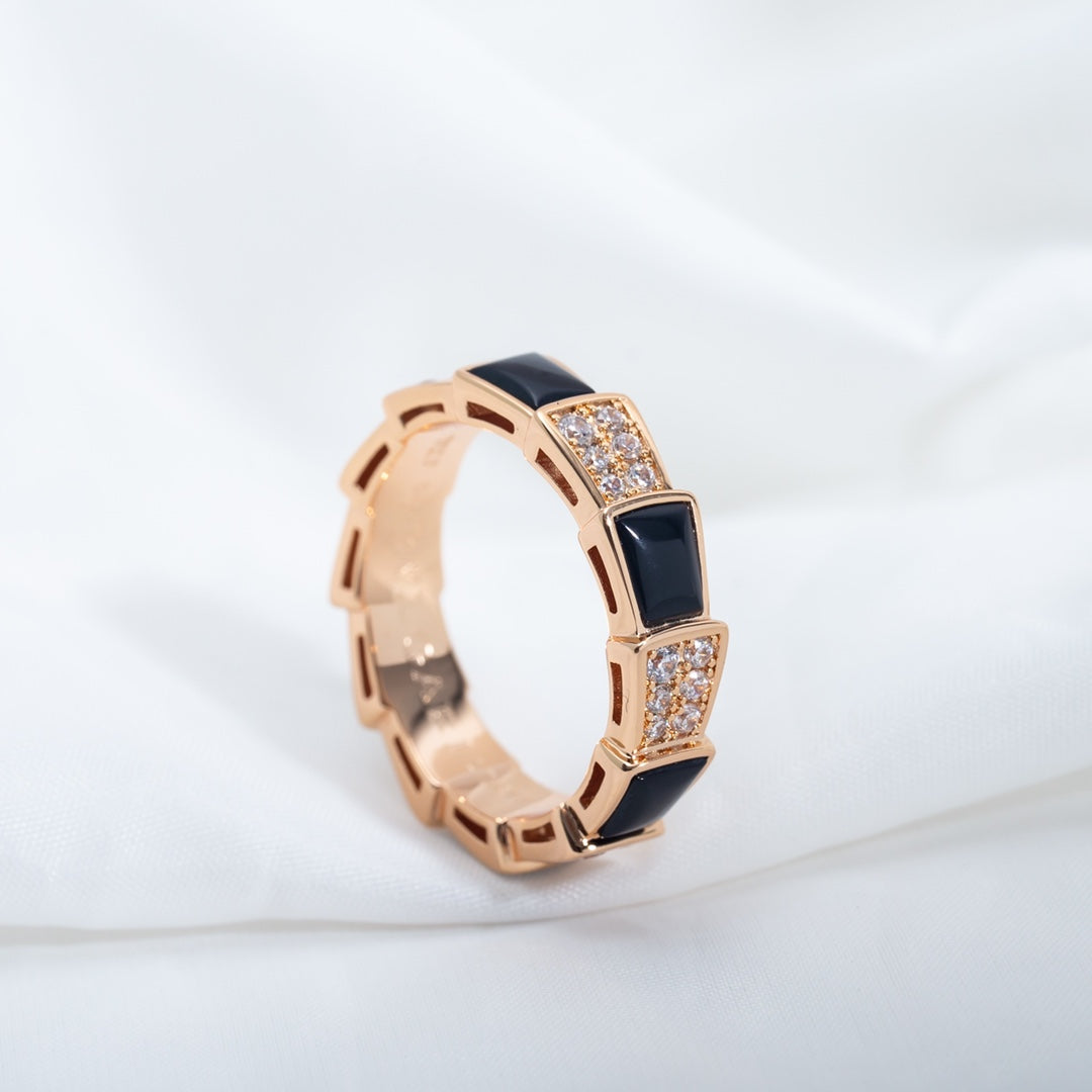 [⭐Hildren Jewelry]SERPENTI RING PINK GOLD BLACK MOP DIAMOND PAVED 4MM