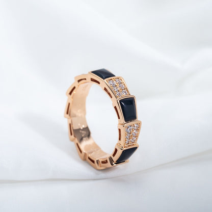[⭐Hildren Jewelry]SERPENTI RING PINK GOLD BLACK MOP DIAMOND PAVED 4MM