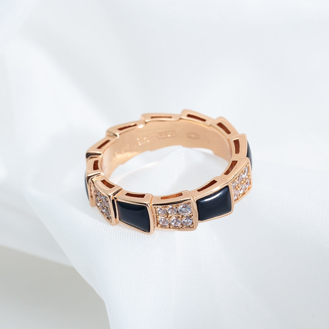 [⭐Hildren Jewelry]SERPENTI RING PINK GOLD BLACK MOP DIAMOND PAVED 4MM