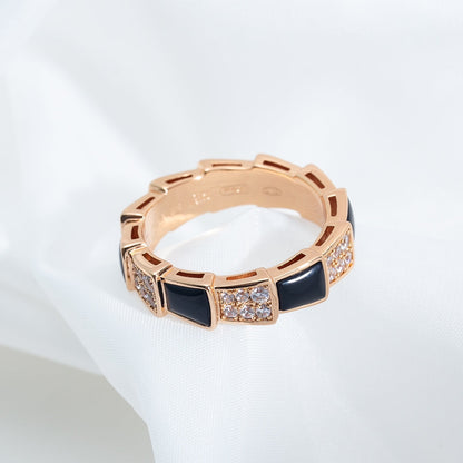[⭐Hildren Jewelry]SERPENTI RING PINK GOLD BLACK MOP DIAMOND PAVED 4MM