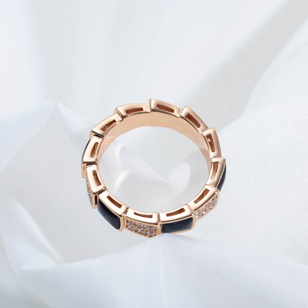 [⭐Hildren Jewelry]SERPENTI RING PINK GOLD BLACK MOP DIAMOND PAVED 4MM