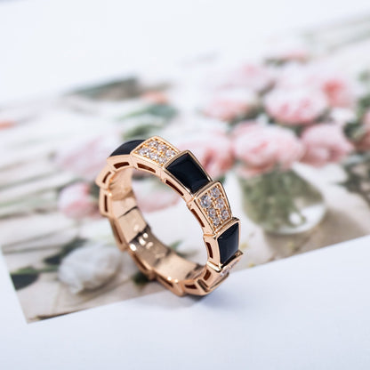 [⭐Hildren Jewelry]SERPENTI RING PINK GOLD BLACK MOP DIAMOND PAVED 4MM