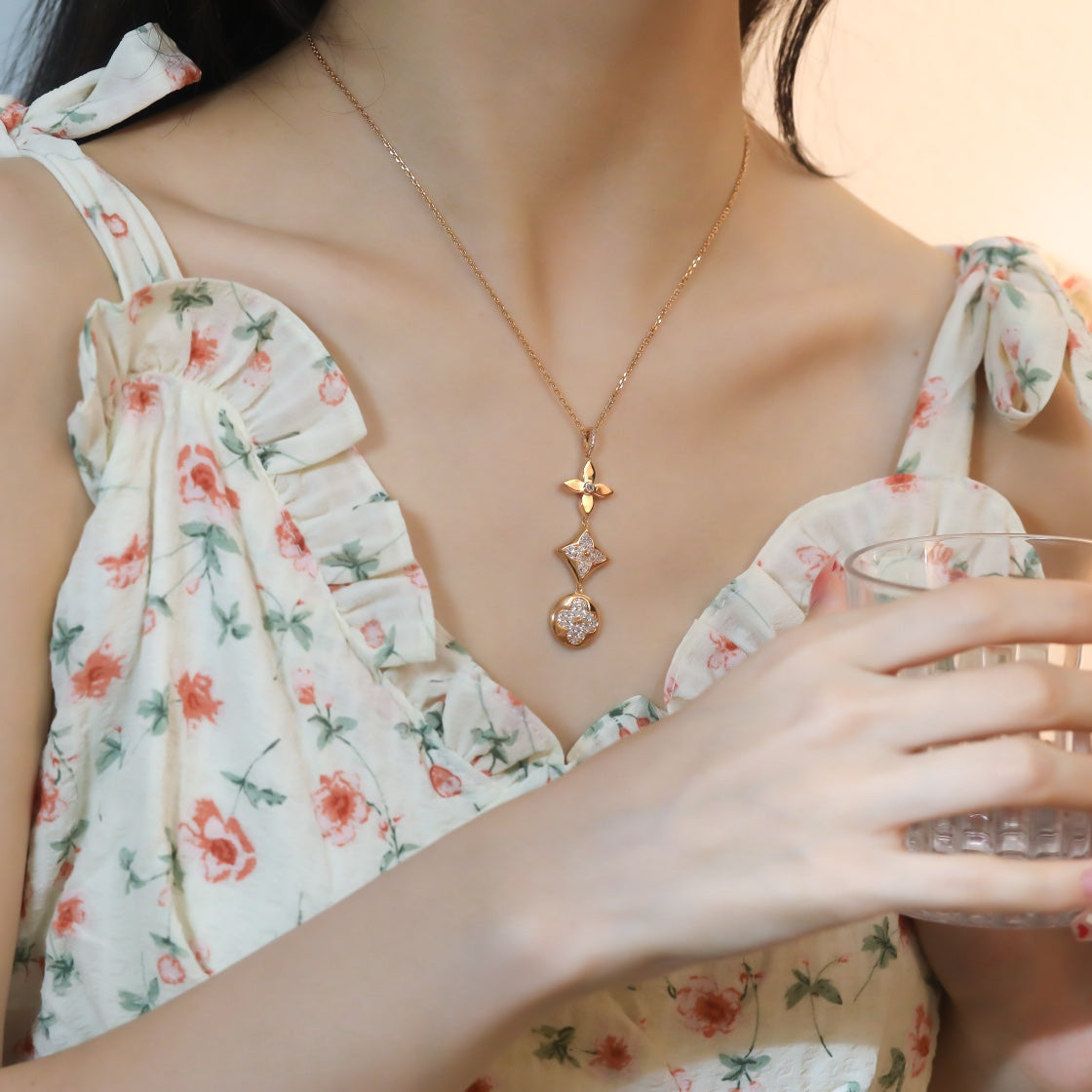 [⭐Hildren Jewelry]STAR AND SUN DIAMOND PINK GOLD NECKLACE