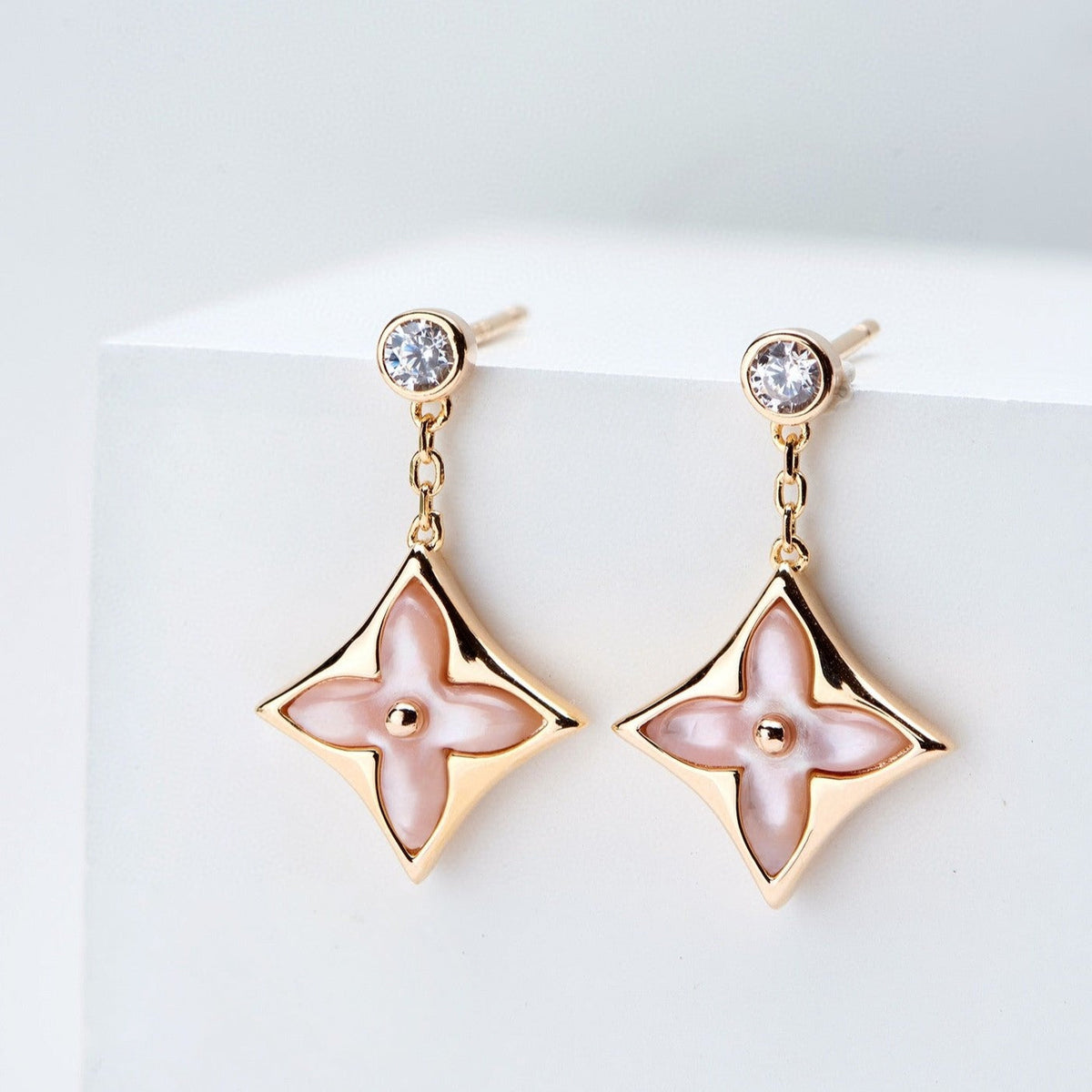 [⭐Hildren Jewelry]DOUBLE STAR PINK GOLD MOP DROP EARRINGS