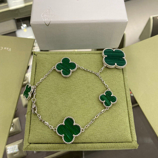 [⭐Hildren Jewelry]CLOVER 5 MOTIFS SIVLER MALACHITE BRACELET