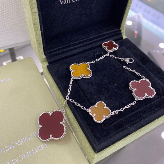 [⭐Hildren Jewelry]CLOVER 5 MOTIFS SIVLER CARNELIAN TIGER EYE BRACELET