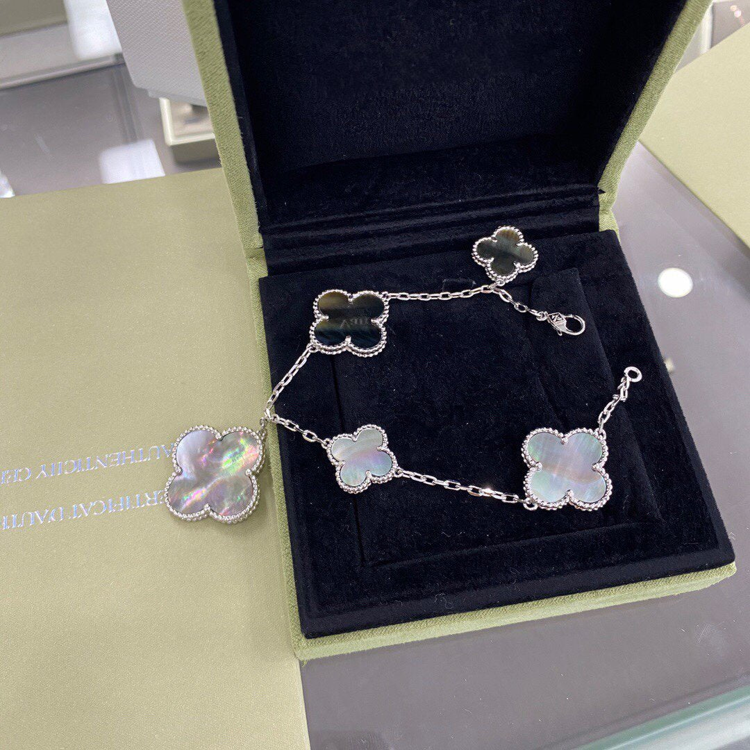 [⭐Hildren Jewelry]CLOVER 5 MOTIFS SIVLER DARK MOP BRACELET