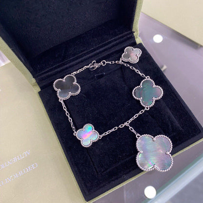 [⭐Hildren Jewelry]CLOVER 5 MOTIFS SIVLER DARK MOP BRACELET