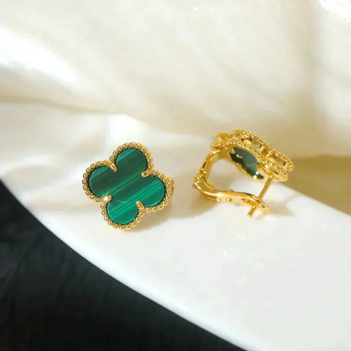 [⭐Hildren Jewelry]CLOVER MEDIUM 1 MOTIFS MALACHITE  EARRINGS