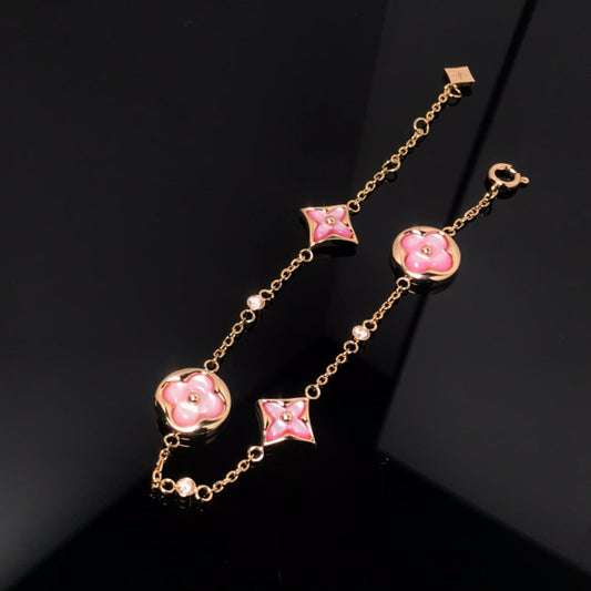 [⭐Hildren Jewelry]STAR AND SUN 4 MOTIF PINK MOP PINK GOLD BRACELET