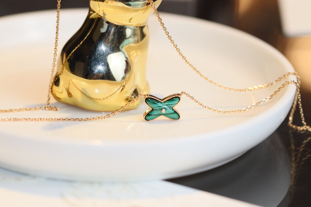 [⭐Hildren Jewelry]JEUX MALACHITE 1 DIAMOND PINK GOLD NECKLACE