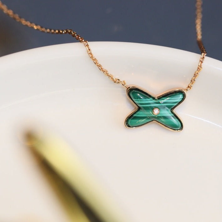 [⭐Hildren Jewelry]JEUX MALACHITE 1 DIAMOND PINK GOLD NECKLACE