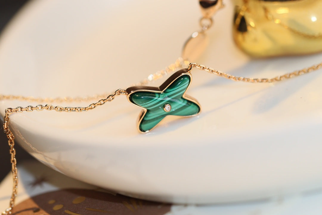 [⭐Hildren Jewelry]JEUX MALACHITE 1 DIAMOND PINK GOLD NECKLACE