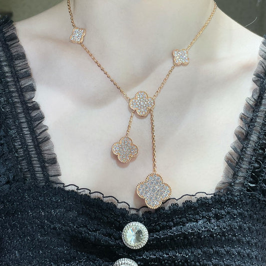 [⭐Hildren Jewelry]CLOVER 6 MOTIF DIAMOND PAVED NECKLACE
