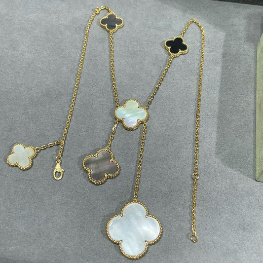 [⭐Hildren Jewelry]CLOVER 6 MOTIF MOP ONYX GOLD NECKLACE