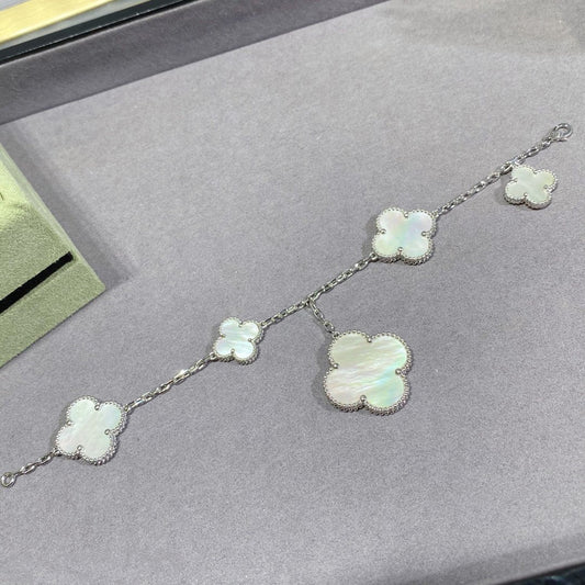 [⭐Hildren Jewelry]CLOVER 5 MOTIF WHITE MOP SILVER BRACELET