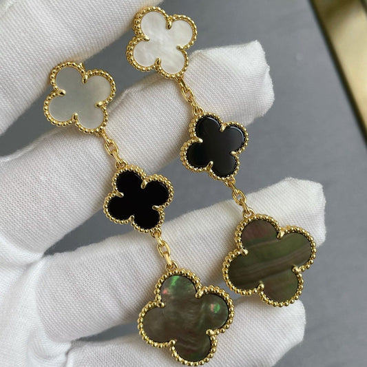 [⭐Hildren Jewelry]CLOVER 3 MOTIF MOP ONYX DARK MOP PINK GOLD EARRINGS