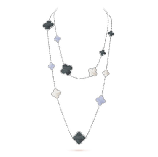 [⭐Hildren Jewelry]CLOVER 16 MOTIF CHALCEDONY MOP SILVER NECKLACE