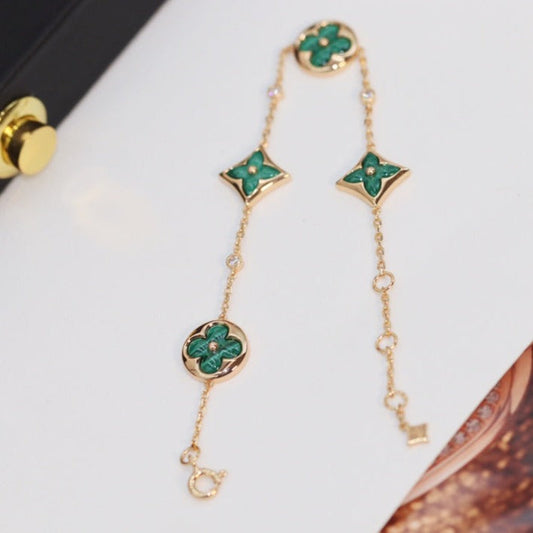 [⭐Hildren Jewelry]STAR AND SUN 4 MOTIF PINK GOLD MALACHITE BRACELET