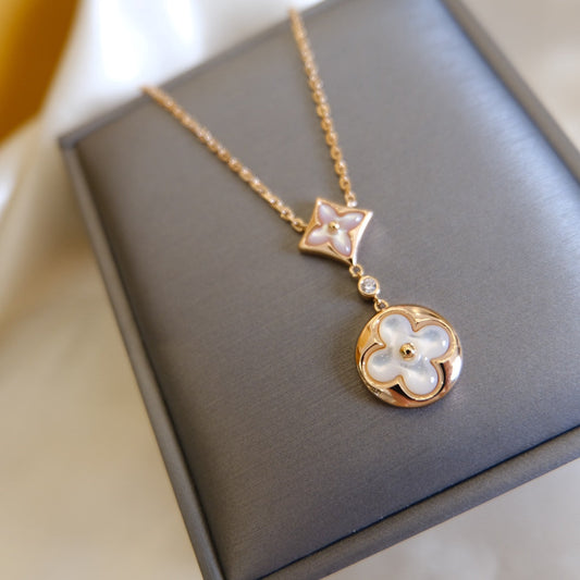 [⭐Hildren Jewelry]STAR AND SUN WHITE MOP 2 MOTIF PINK GOLD NECKLACE