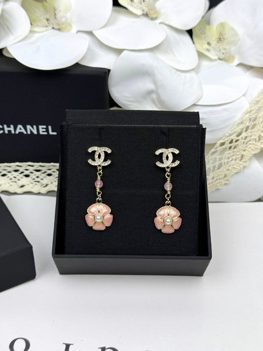 [⭐Hildren Jewelry]26C Pink Camellia Enamel Pendant with Double C Earrings