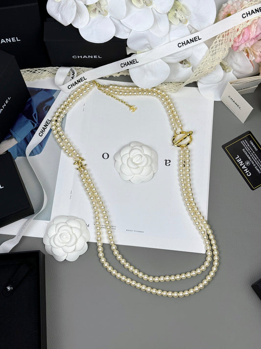 [⭐Hildren Jewelry]25K Pencil Double C Double-Layer Pearl Sweater Chain