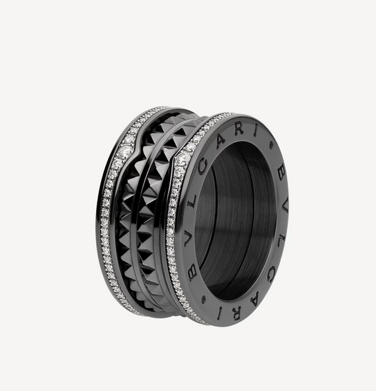 [⭐Hildren Jewelry]ZERO 1 ROCK FOUR-BAND BLACK CERAMIC WITH STUDDED SPIRAL AND PAVED DIAMONDS RING