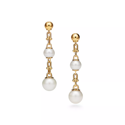 [Hildren Jewelry]TRIPLE DROP LINK EARRINGS GOLD WITH FRESHWATER PEARLS