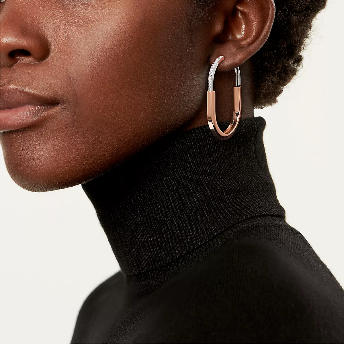 [Hildren Jewelry]LOCK EARRINGS ROSE AND WHITE GOLD DIAMONDS EXTRA LARGE