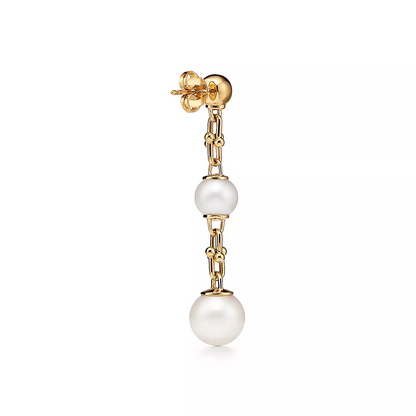 [Hildren Jewelry]TRIPLE DROP LINK EARRINGS GOLD WITH FRESHWATER PEARLS