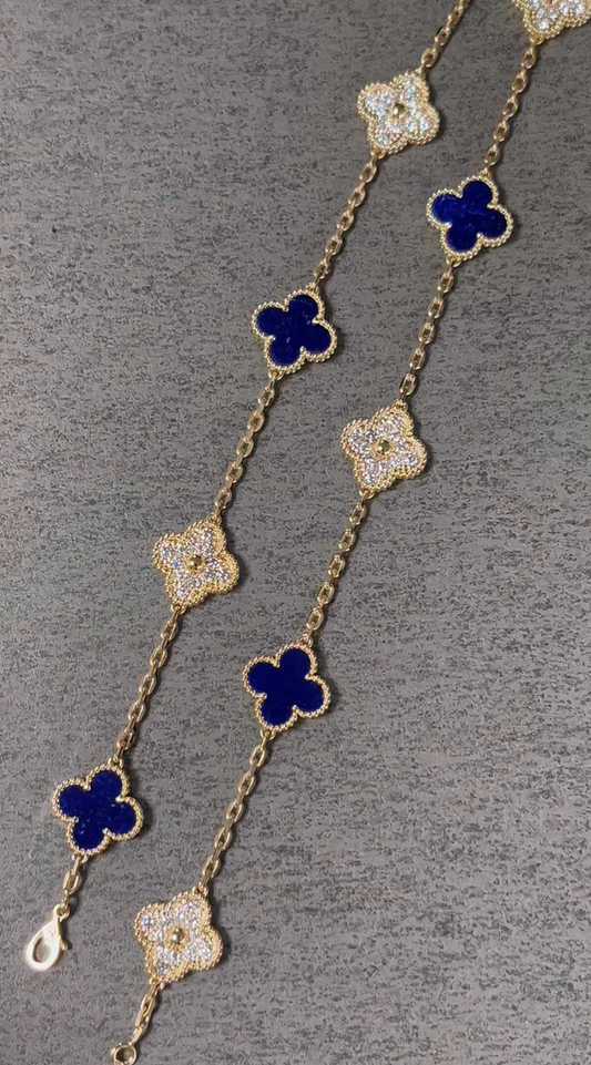 [⭐Hildren Jewelry]CLOVER 10 MOTIFS DIAMONDS SET IN LAPIS LAZULI