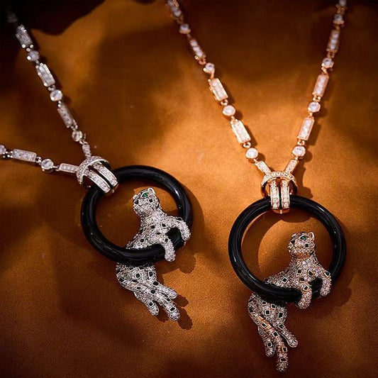 [⭐Hildren Jewelry jewelrys]NEW BLACK CIRCLE PANTHER FULL DIAMOND NECKLACE