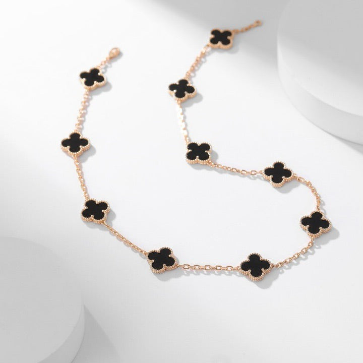 [⭐Hildren Jewelry]CLOVER 10 MOTIFS ONYX NECKLACE