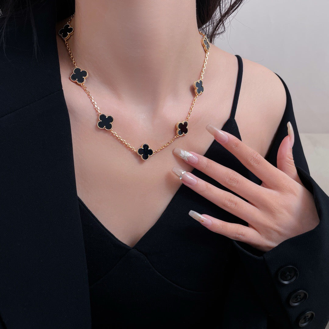 [⭐Hildren Jewelry]CLOVER 10 MOTIFS ONYX NECKLACE