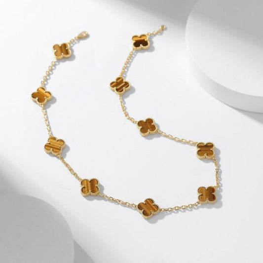 [⭐Hildren Jewelry]CLOVER 10 MOTIFS TIGER EYE NECKLACE