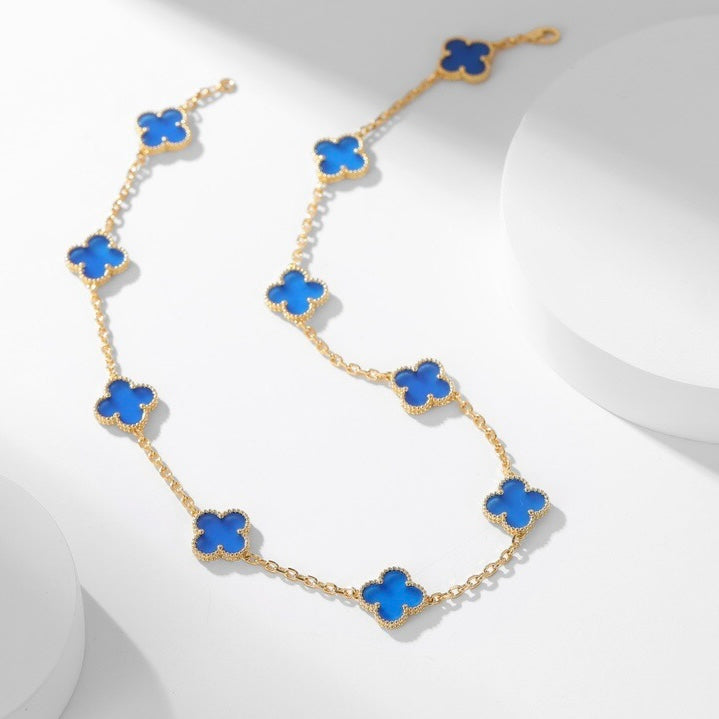[⭐Hildren Jewelry]CLOVER 10 MOTIFS BLUE AGATE NECKLACE