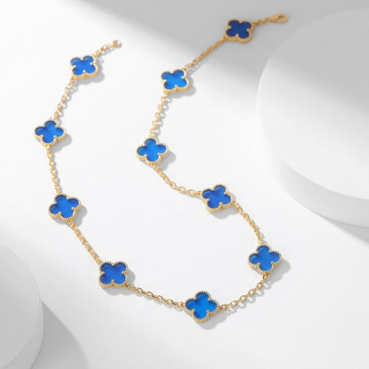 [⭐Hildren Jewelry]CLOVER 10 MOTIFS BLUE AGATE NECKLACE