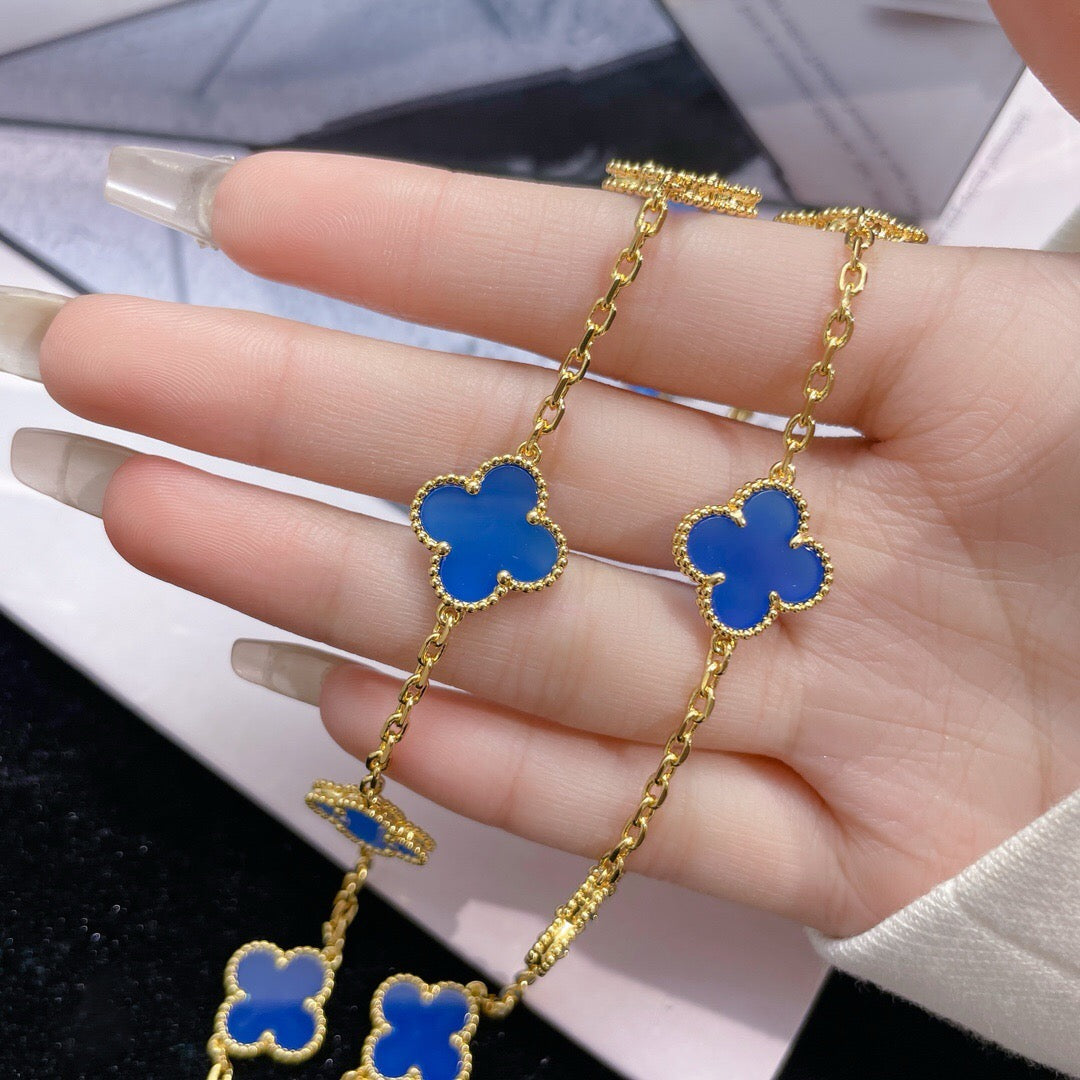 [⭐Hildren Jewelry]CLOVER 10 MOTIFS BLUE AGATE NECKLACE