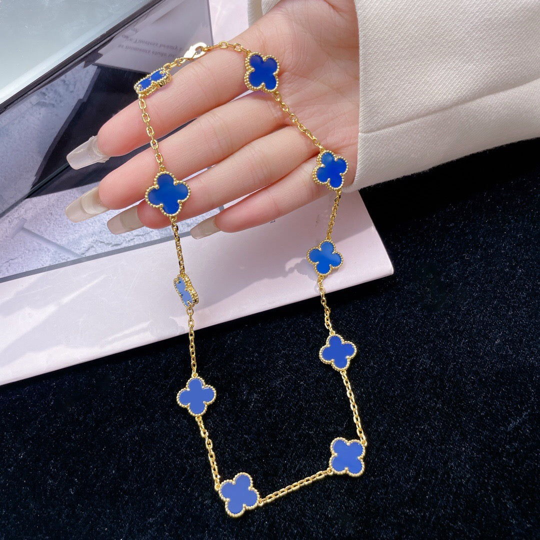 [⭐Hildren Jewelry]CLOVER 10 MOTIFS BLUE AGATE NECKLACE