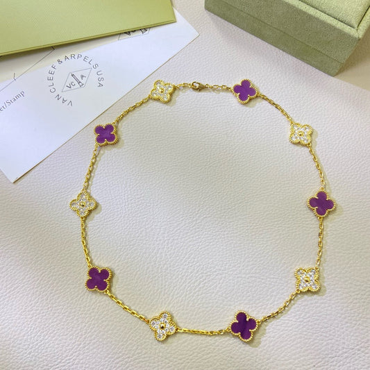 [⭐Hildren Jewelry Jewelry]CLOVER 10 MOTIFS  PURPLE VIOLET DIAMOND NECKLACE